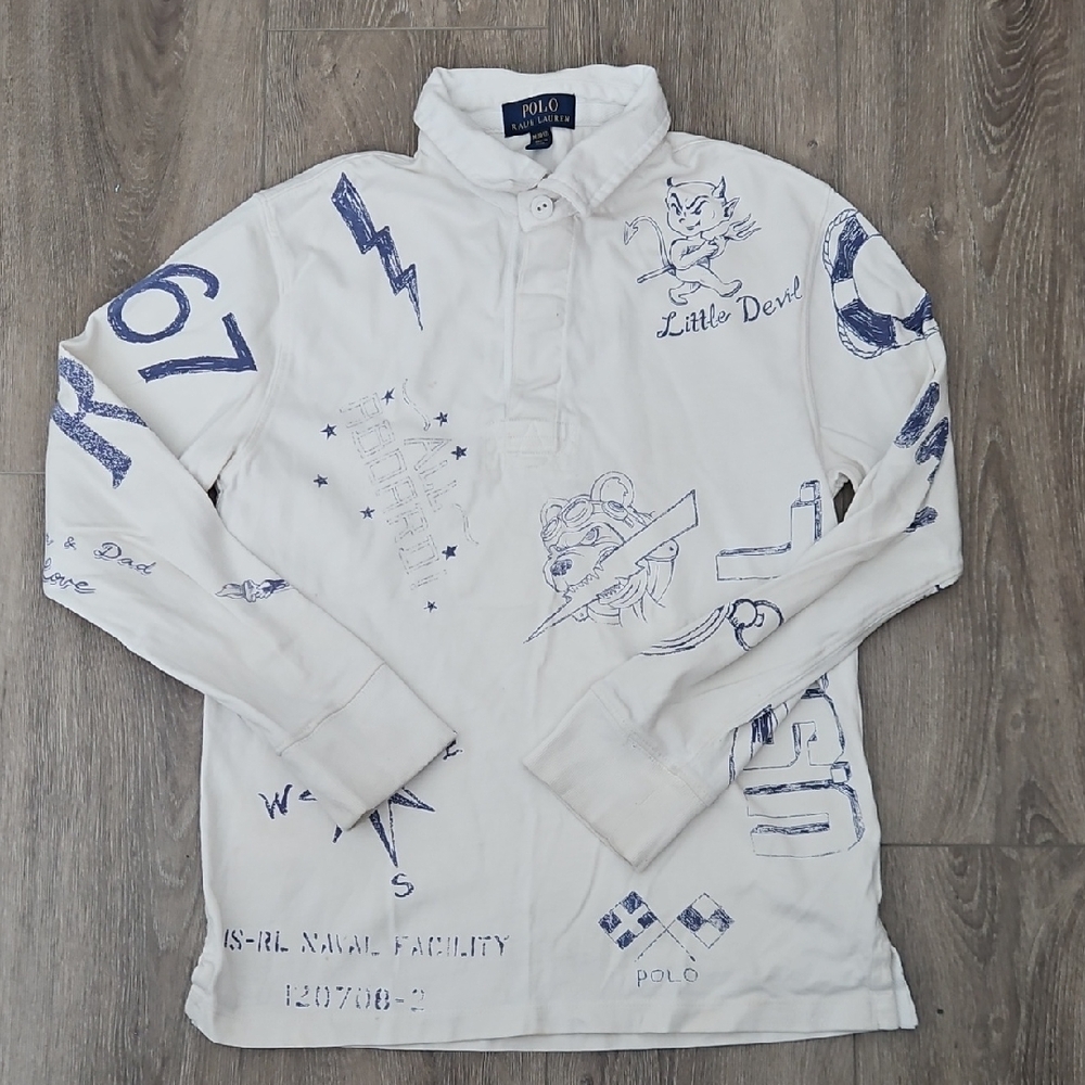 Polo by Ralph Lauren White and Blue Rugby Nautical Print Boys Size M (10/12)